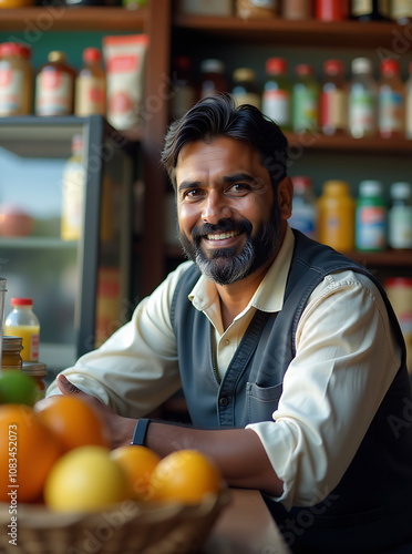 Portrait of Indian male small Kirana or grocery shop owner sitting at cash counter, looking happily at camera