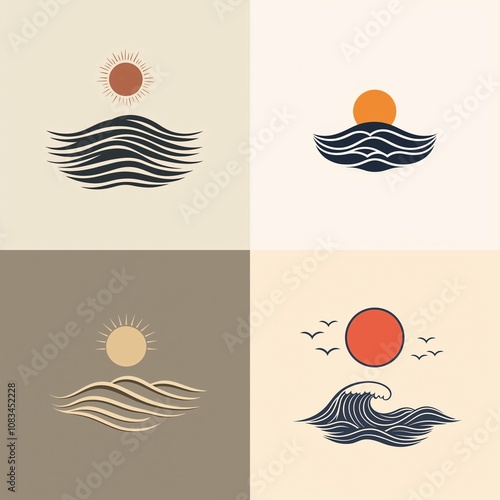 A minimalist logo design showcasing a stylized wave and sun, combining smooth curves and geometric forms for an elegant, balanced look.