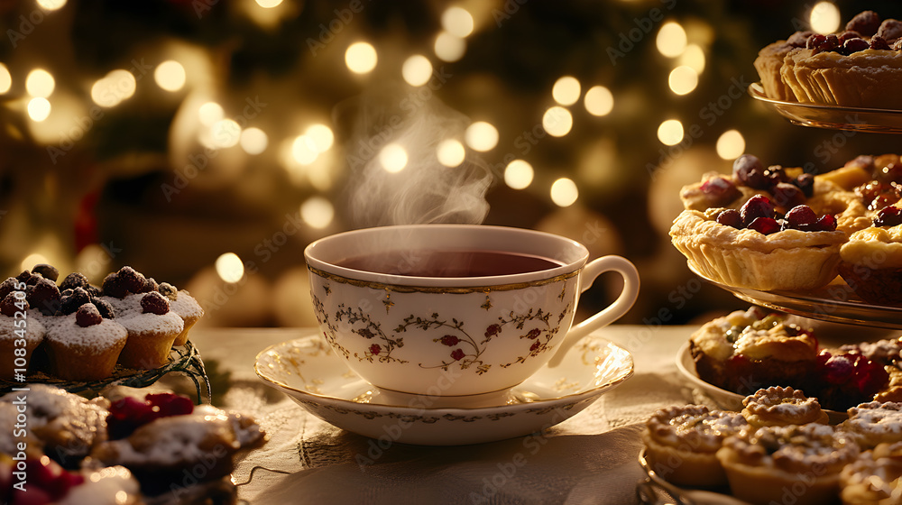 Fototapeta premium Warm Cup of Tea Surrounded by Delicious Holiday Pastries with Soft Bokeh Background and Festive Atmosphere Perfect for Celebrating Christmas and Winter Gatherings