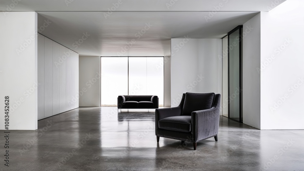 Fototapeta premium Minimalist High-End Living Room with a Single Plush Armchair and Expansive White Walls