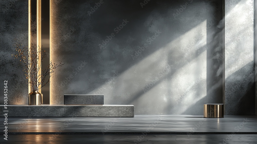 Obraz premium Minimalist interior with sunlight casting geometric shadows.