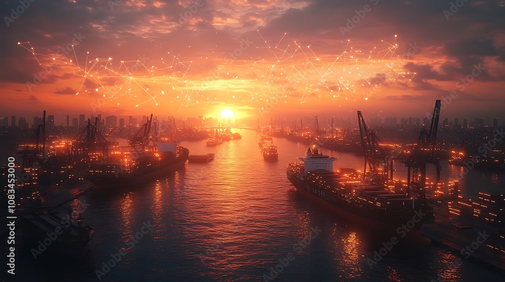 Fototapeta premium Sunset cargo ships loading port city aerial view maritime technology