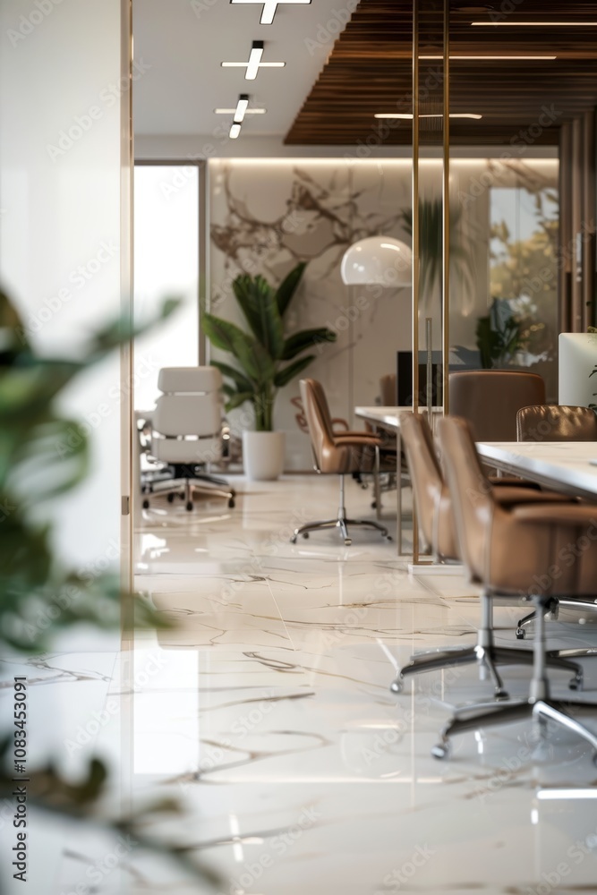 Fototapeta premium Modern office space with white marble flooring.