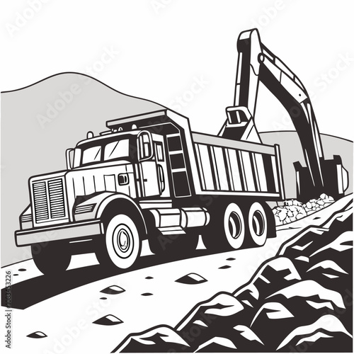 Heavy-Duty 12-Wheel Truck Carrying Construction Equipment on a Rugged Road