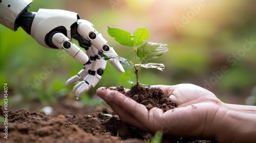 One human hand and one robot hand holding together a little growing plant