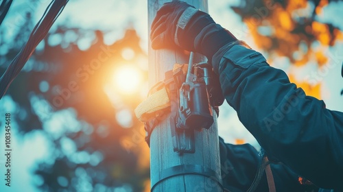Lineman Prepares for Work on Electric Pole
