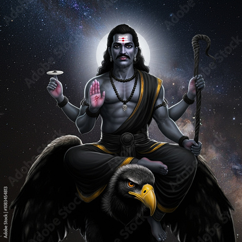 A striking depiction of Lord Shani, seated on a crow, holding a sword and a trident, embodying justice, discipline, and karmic retribution in a cosmic night sky backdrop photo