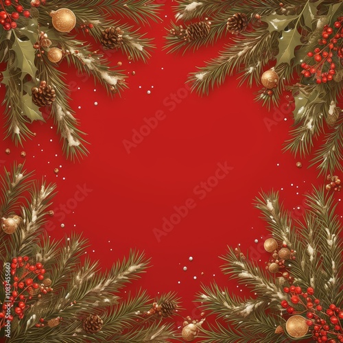 
For  Christmas ,Christmas edge, snow-covered fir branches, Holly leaf Christmas tree branches and pine cones on a red background.  And leave room for copy of text or design.