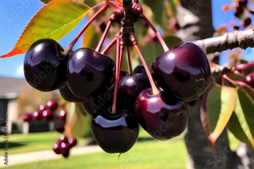 black cherrya tree with dark almost black bark and dark green le photo