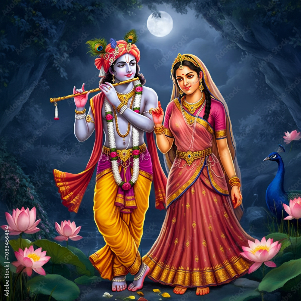 Fototapeta premium Lord Krishna and Radha walking gracefully under a serene moonlit sky, radiating divine love and tranquility