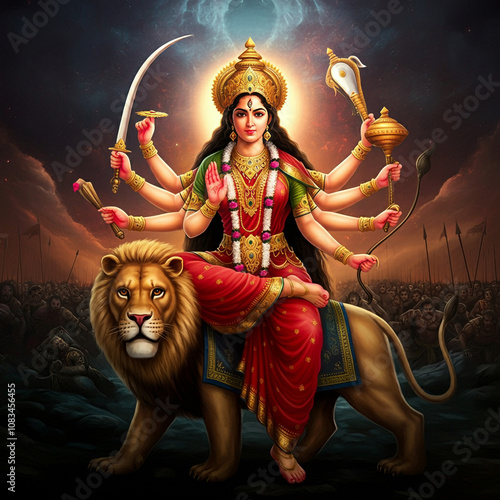 Goddess Durga seated on a l...