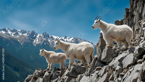 Mountain goats on a rocky cliffside with deep valleys below surrounded by high alpine terrain, AI Generated photo