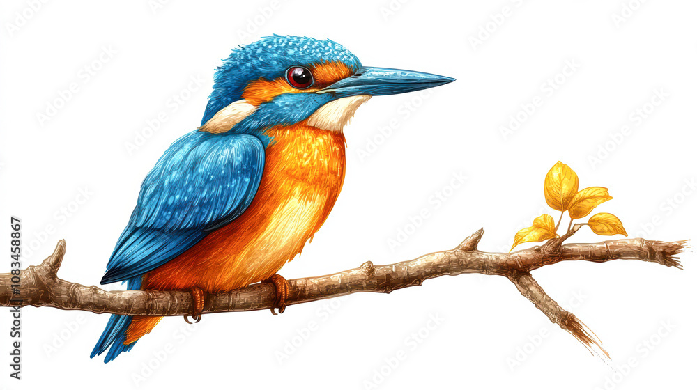 Obraz premium A vibrantly illustrated kingfisher with blue and orange feathers perched on a branch with yellow leaves perfect for nature-themed articles, educational content, or decorative prints,