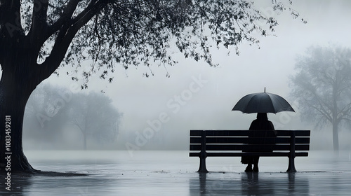  Person sitzt unter Regenschirm auf Parkbank bei Regen in melancholischer Stimmung photo