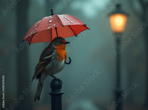 A bird with an orange breast uses a small umbrella while perched on a lamppost; the artistic scene is in a gloomy, grey environment with subtle lighting. photo