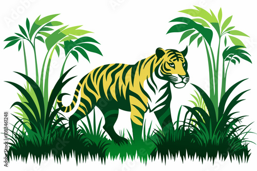 A tiger prowling through tall grass, jungle-themed silhouette on white background