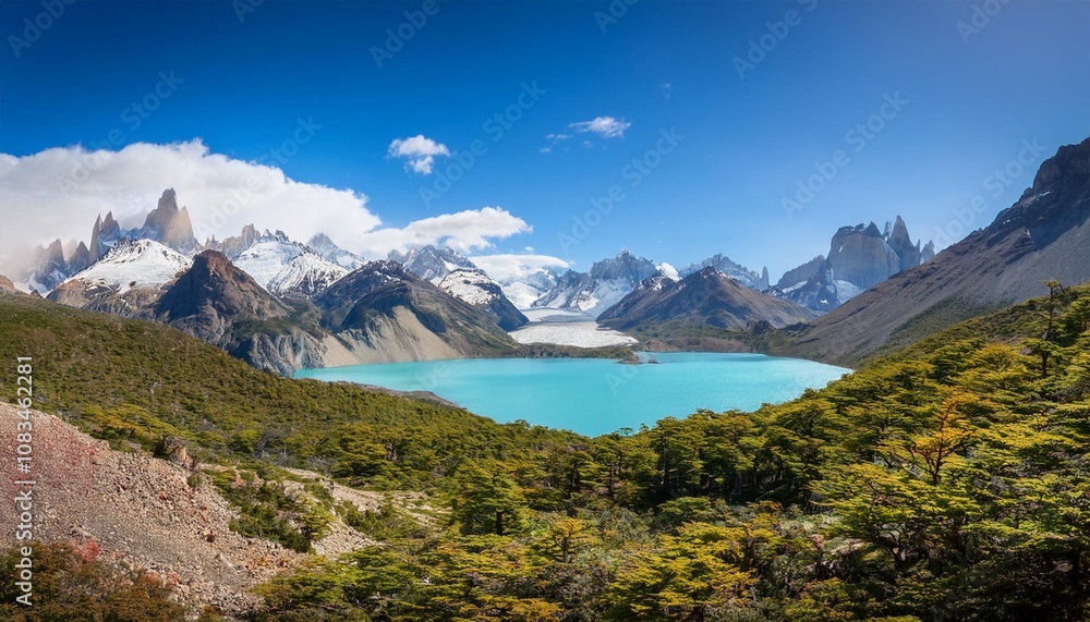Fototapeta premium The Untouched Wilderness of Patagonia in Argentina and Chile, Featuring Rugged Mountain Peaks, Glacial Valleys, and Crystal-Clear Lakes, a Paradise for Nature Lovers
