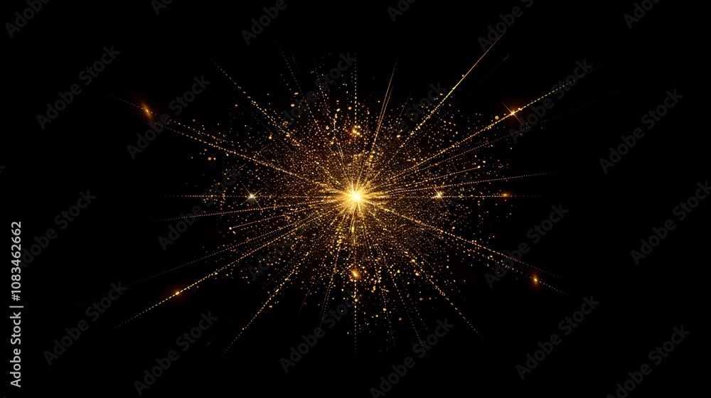 Fototapeta premium A radiant explosion of golden light and particles against a black background, symbolizing energy and creativity.