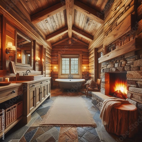 Rustic wood walls stone flooring and a fireplace with a faux fla photo