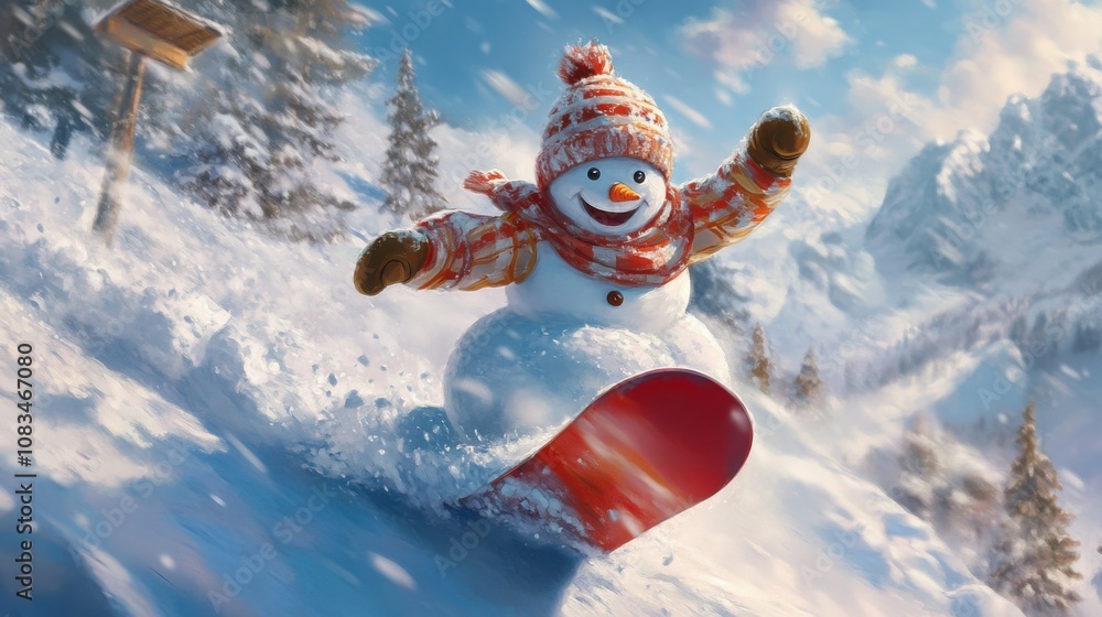 Fototapeta premium Snowboard Snowman: A Joyful Descent in a Blizzard