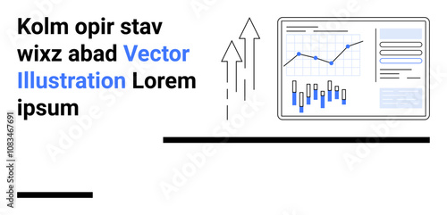 Data analytics dashboard featuring graphs, charts, and upward arrows, suggesting growth and progress. Ideal for business analytics, data visualization, performance metrics, financial insights, market
