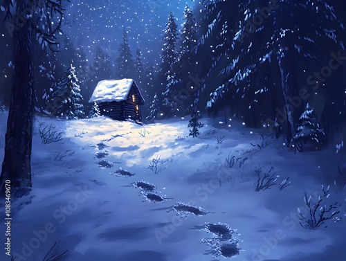 Tranquil Winter Scene with Cozy Cabin Surrounded by Snowy Forest and Footprints Leading into Enchantment of Winter Wonderland photo