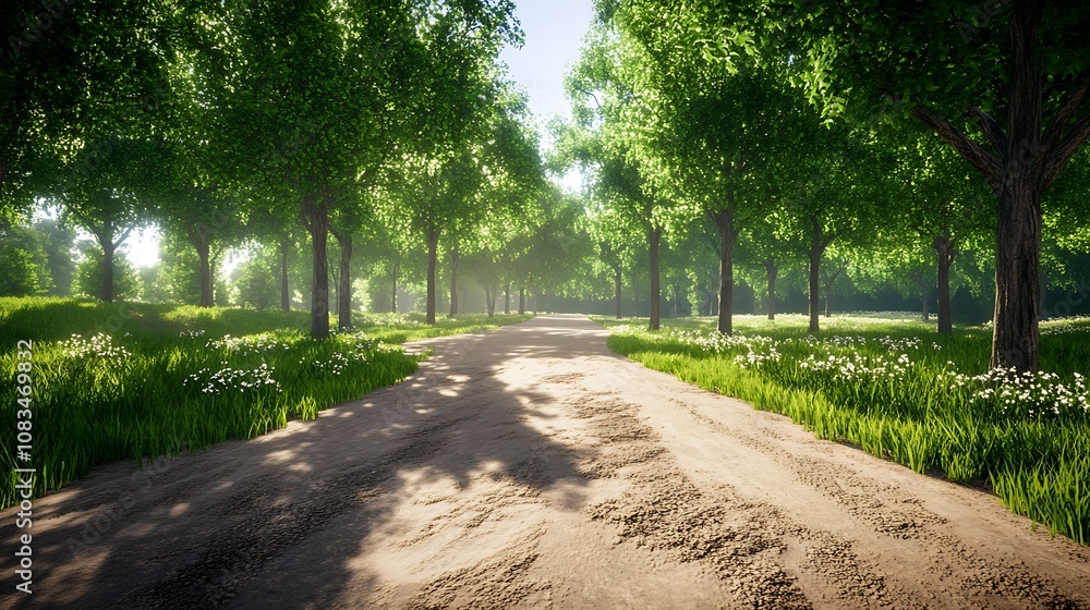 Obraz premium A serene dirt path through a lush green forest, illuminated by soft sunlight.