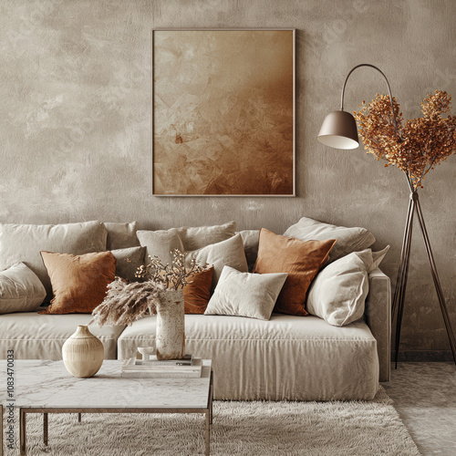 Serene 3D Rendered Living Room Scene with Earthy Tones, Modern Decor, Textured Walls, and Warm Lighting Inviting Calmness and Comfort in a Cozy Environment
