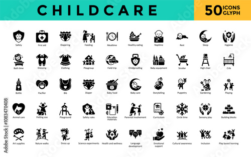 Childcare icons set with safety, first aid, diapering, feeding, mealtime, healthy eating, naptime, rest, sleep, hygiene icon. Simple glyph vector 
