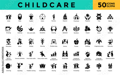 Childcare icons set with child, baby, toddler, infant, nursery, daycare, preschool, playtime, toys, blocks icon. Simple glyph vector 
