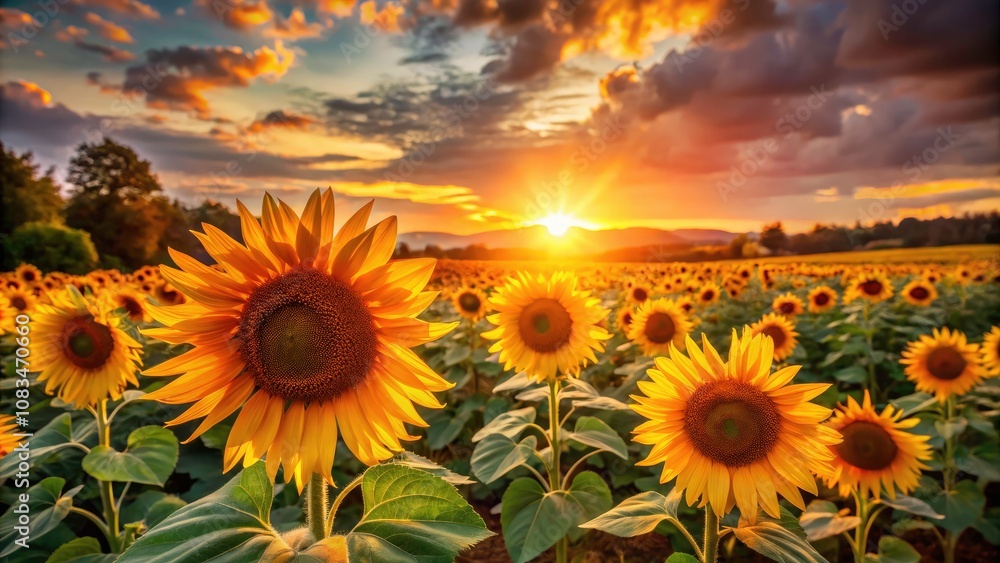Fototapeta premium Breathtaking Sunset Over a Field of Glowing Orange Sunflowers in Warm Light