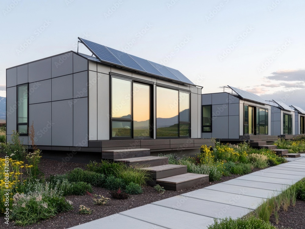 Obraz premium Sustainable living eco-homes mountain valley architecture outdoor perspective modern design