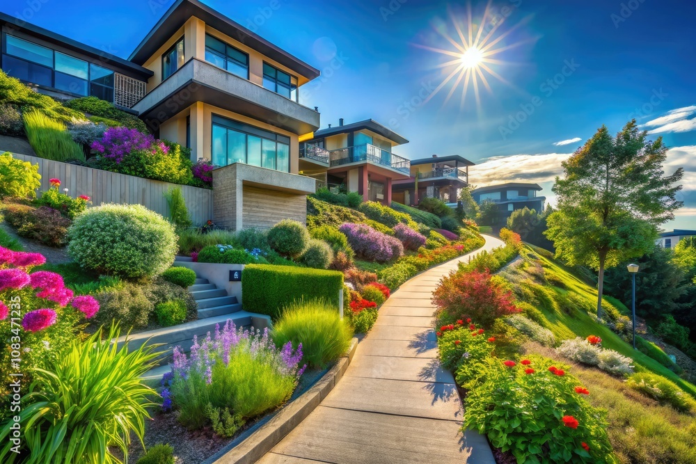 Fototapeta premium Serene Hillside Path with Modern Architecture, Tranquil Nature, Clear Blue Sky, and Stylish Homes, Ideal for Relaxation and Scenic Views