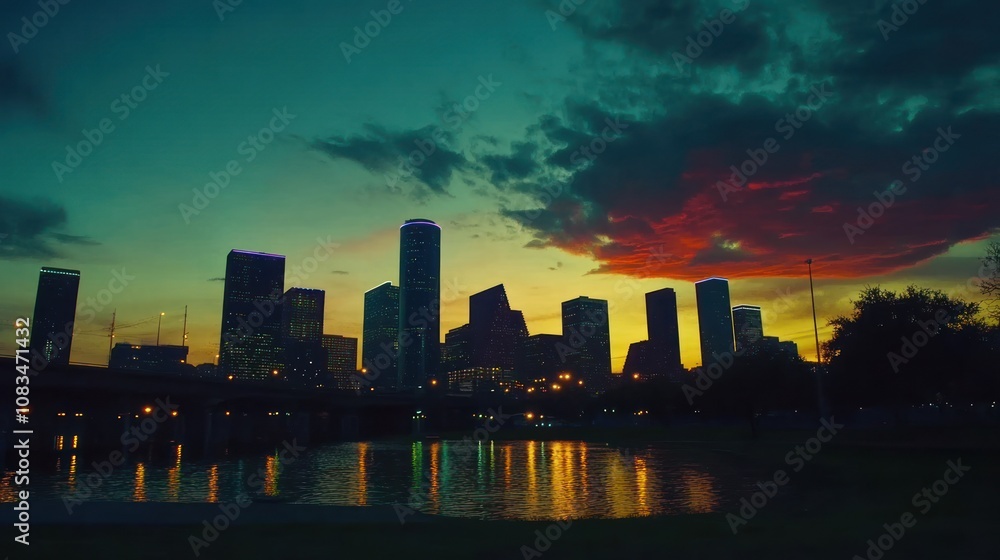 Fototapeta premium Silhouetted Cityscape with Red Sunset Clouds and Water Reflection
