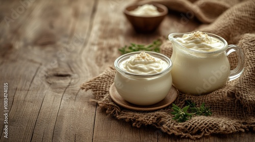 Creamy Yogurt in Glass Jars and Jug on Rustic Wooden Table Surrounded by Natural Fabrics and Fresh Herbs, Perfect for Healthy Lifestyle Promotion and Culinary Content photo