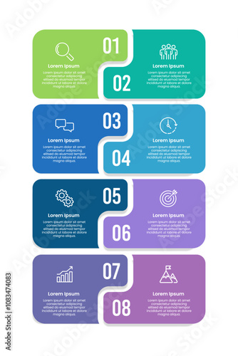 8 alternating vertical infographic options design template. Business presentation, Banner, Brochure, Poster and Planning. Vector illustration.