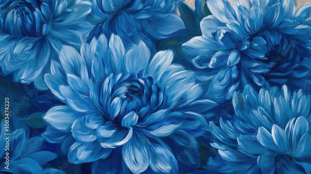 Obraz premium Exquisite Blue Floral Artwork Depicting Lush Chrysanthemums in Vivid Hues, Perfect for Home Decor, Print Media, and Artistic Inspirations