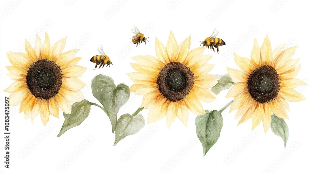 Naklejka premium Vibrant Watercolor Sunflowers with Busy Summer Bees