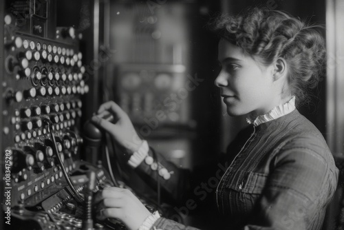 Historical Black and White Image of Young Woman Operating Early Telephone Switchboard with Vintage Equipment and Intricate Machinery