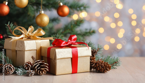 christmas and new year background - gift boxes and pine cones and branches on the background of bokeh garlands