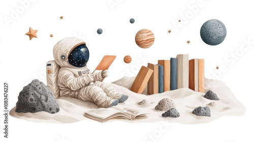 Cute Child Astronaut Reading in Watercolor Style