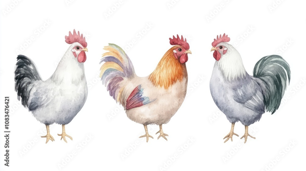 Fototapeta premium Cute Watercolor Rooster with Rainbow Colors