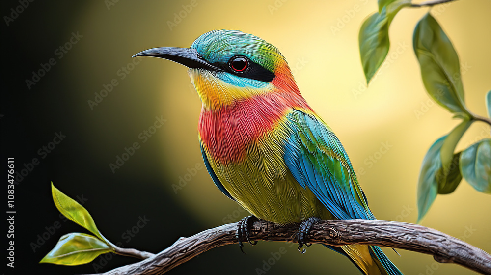 Obraz premium A colorful little bird with vibrant feathers, looking at the camera.