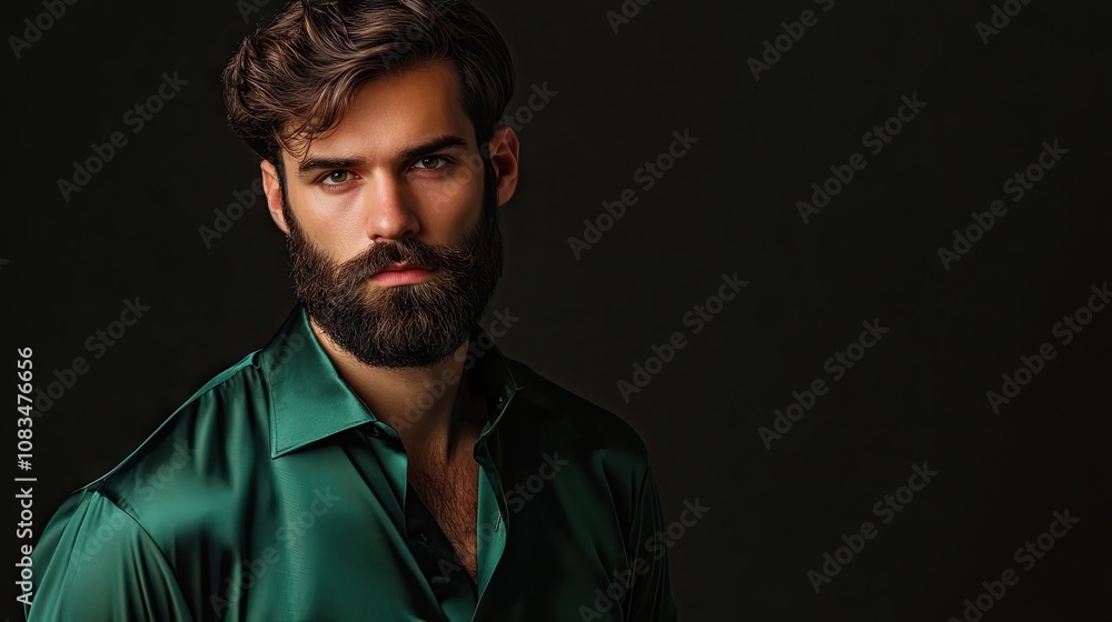 Obraz premium Stylish man with a beard dressed in a green silk blouse, exuding elegance and sophistication. The photo offers ample copy space for fashion-related content.