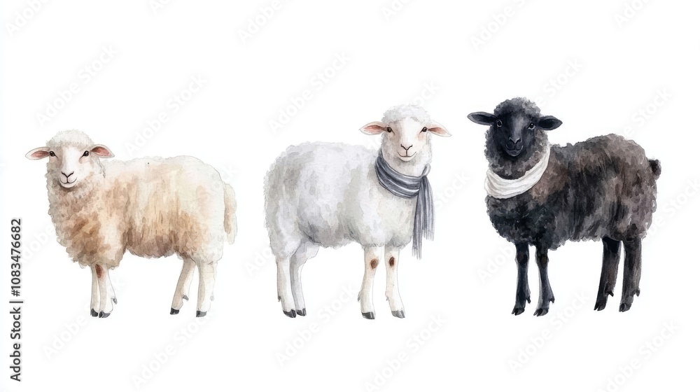 Fototapeta premium Charming Watercolor Fluffy Sheep with Scarves
