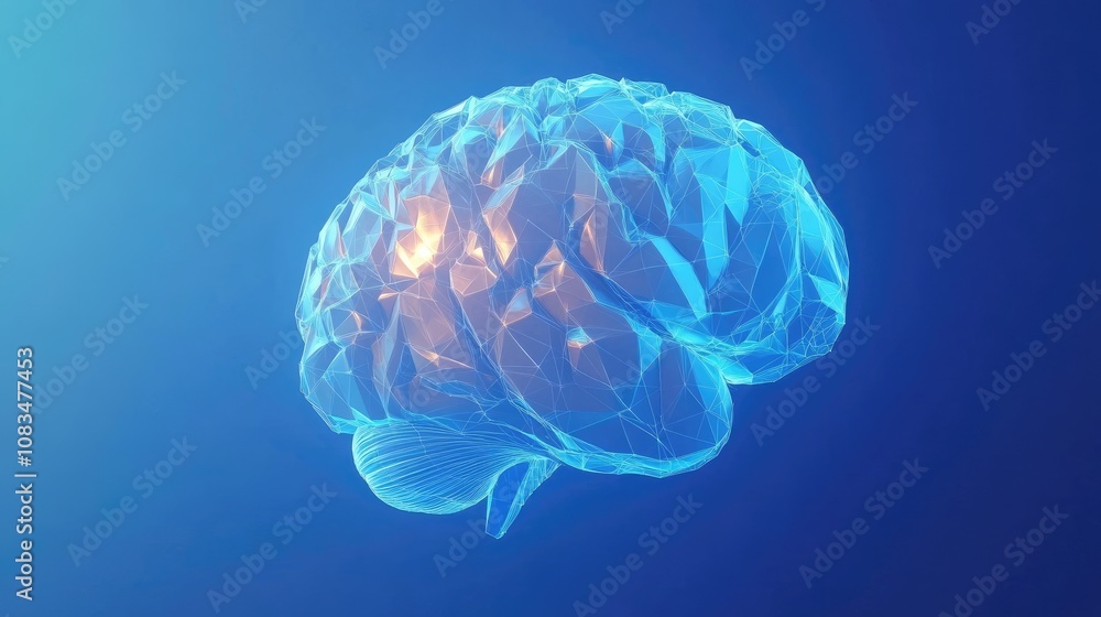 Fototapeta premium Glowing polygonal brain set against a blue background, highlighting the intricate design with ample copy space for text, presented in a detailed 3D rendering style.