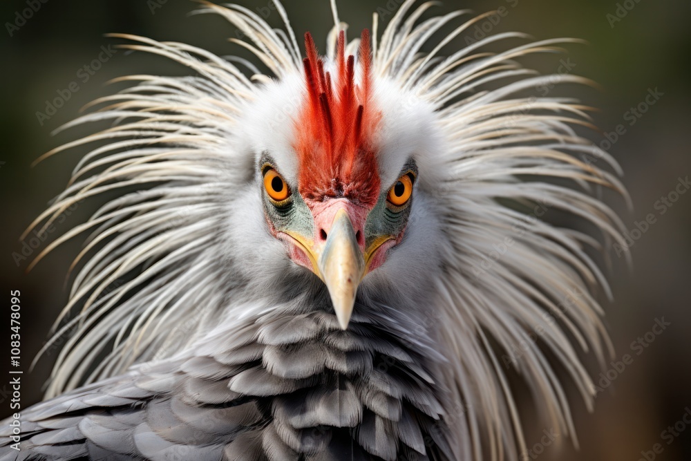 Obraz premium A close-up of a secretary bird highlights its intricate feather patterns and vibrant colors, with a focus on its elegant long legs and unique crest. The image captures the bird in a poised stance