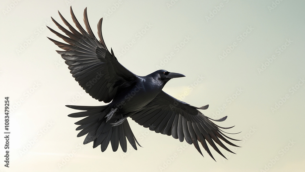 Fototapeta premium A dark gray crow is in flight against a light gray sky.