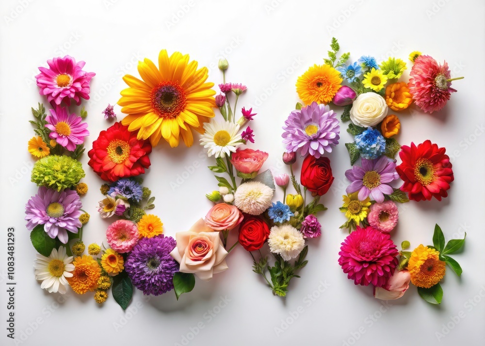 Obraz premium Love Word Floral Arrangement - Beautifully Crafted Isolated Transparent PNG with Vibrant Flowers and Copy Space for Romantic Designs, Perfect for Weddings, Invitations, and More
