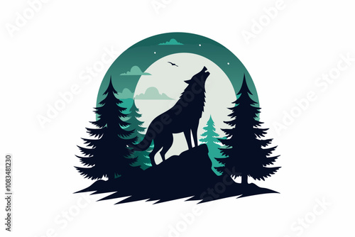 A wolf howling at the moon, surrounded by pine trees, dramatic silhouette on a white background